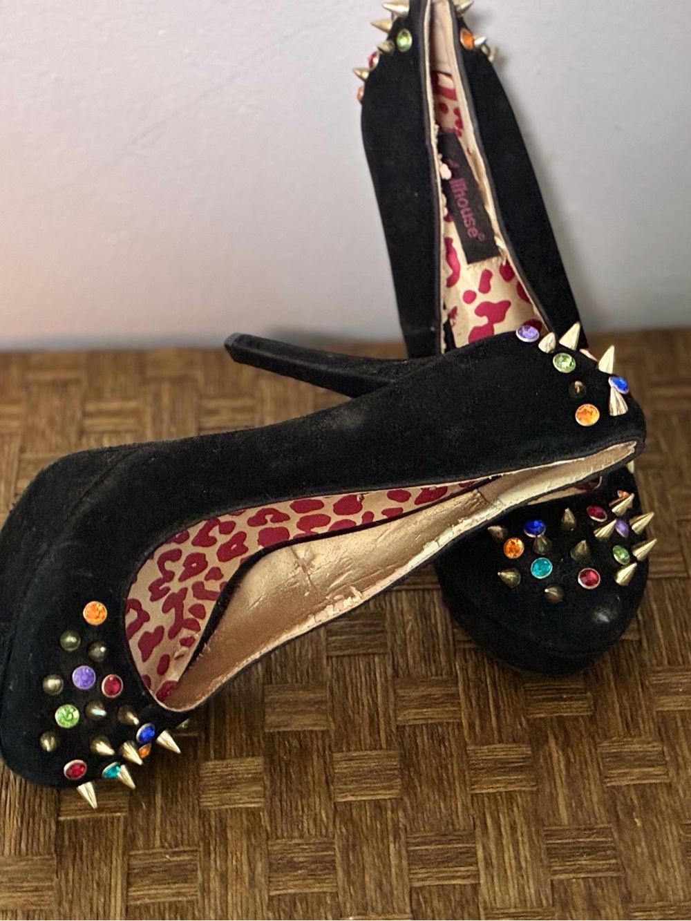 Dollhouse Black Suede Pumps with Multicolor Studs and Spikes